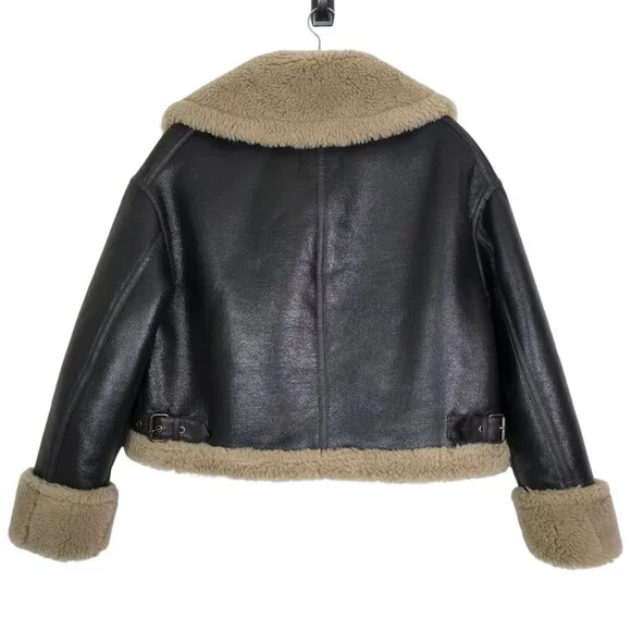 Zara Double Faced Jacket ZW Collection Sherpa Faux Fur Dark Brown Biker Size S - Picture 11 of 16